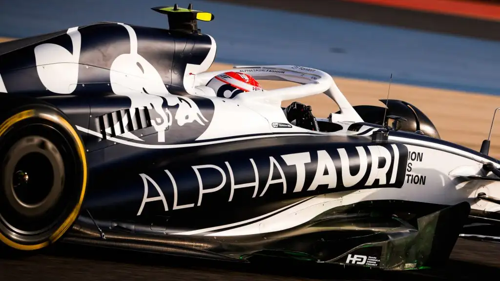 Pierre Gasly lapping the Sakhir circuit, AlphaTauri logo. Bahrain March 2022