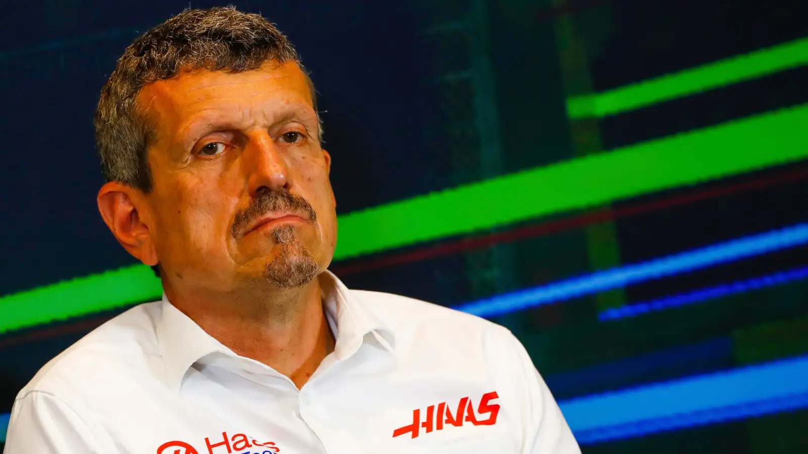 Guenther Steiner looking serious in a press conference. Baku June 2022