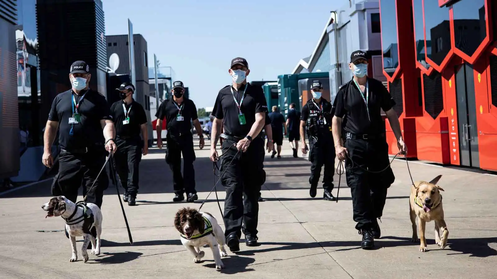 Police and dogs patrol the paddock. British GP Silverstone July 2021.