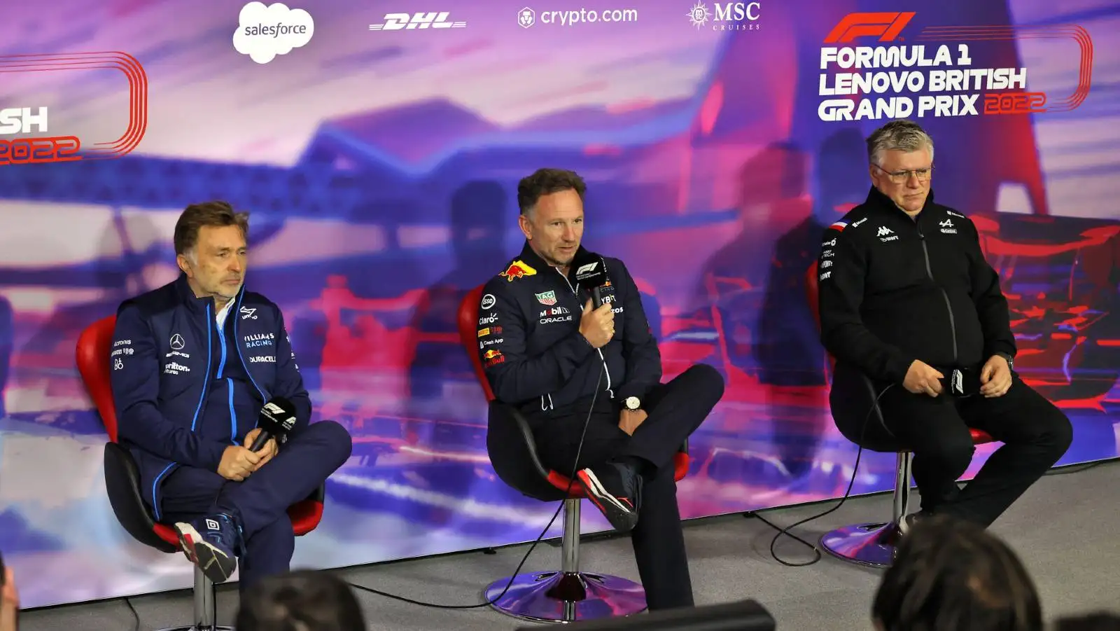 Christian Horner, Jost Capito and Otmar Szafnauer at a press conference. Silverstone July 2022.