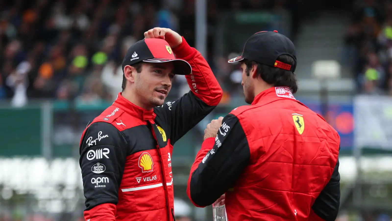 Charles Leclerc and Carlos Sainz speaking on the track after qualifying. Silverstone July 2022