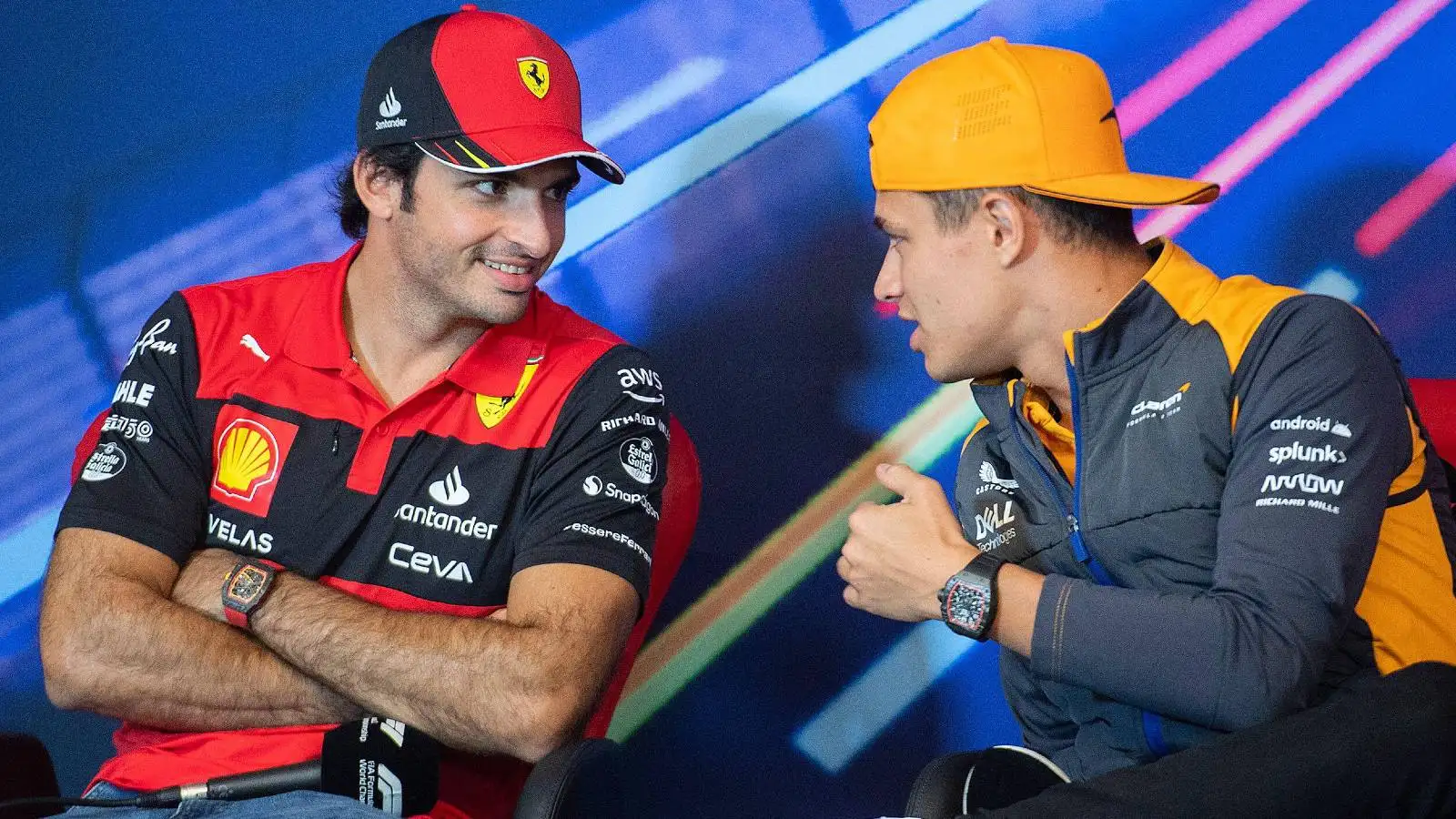 Carlos Sainz, Ferrari and Lando Norris, McLaren, talking. Canada, June 2022.