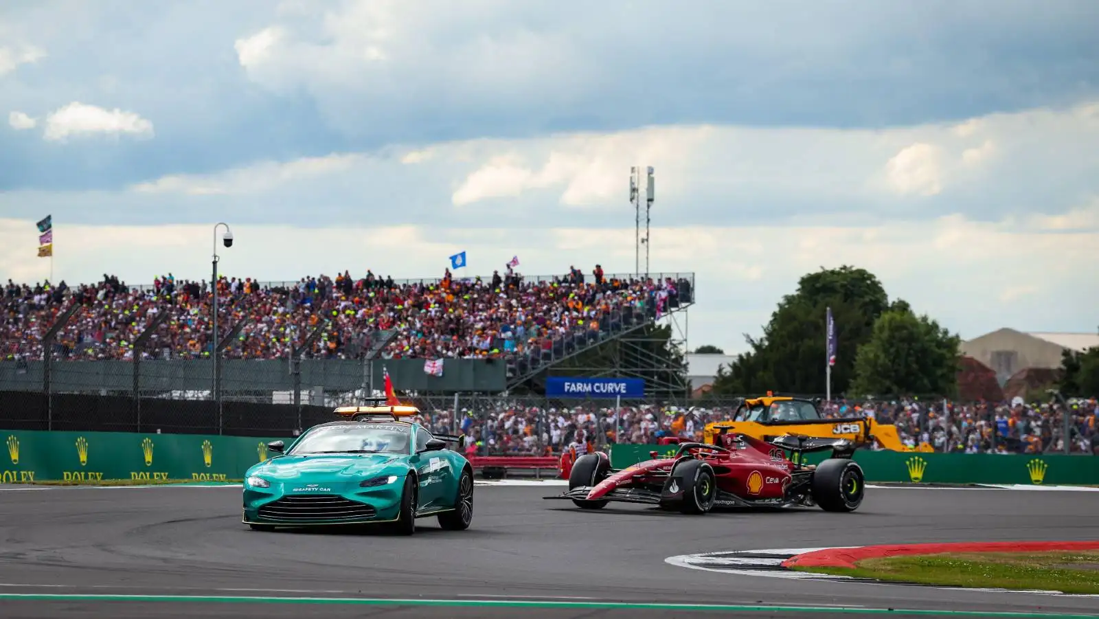 Charles Leclerc's Ferrari behind the Safety Car. Silverstone July 2022.