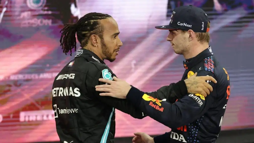Lewis Hamilton congratulates Max Verstappen on the 2021 World title. Abu Dhabi December 2021