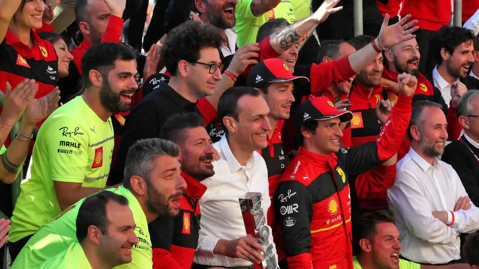 Ferrari celebrate their victory. Silverstone July 2022.