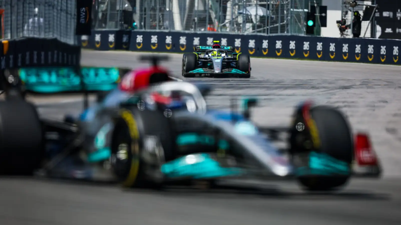 Lewis Hamilton chases George Russell at the Canadian GP. Canada June 2022