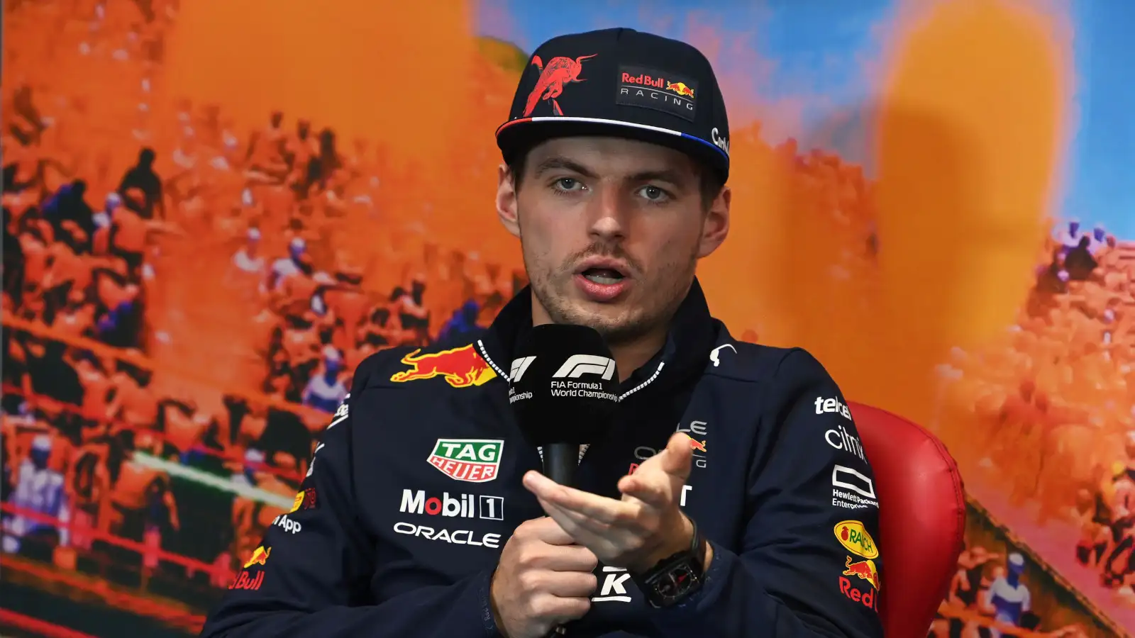 Max Verstappen explains during a press conference. Austria July 2022