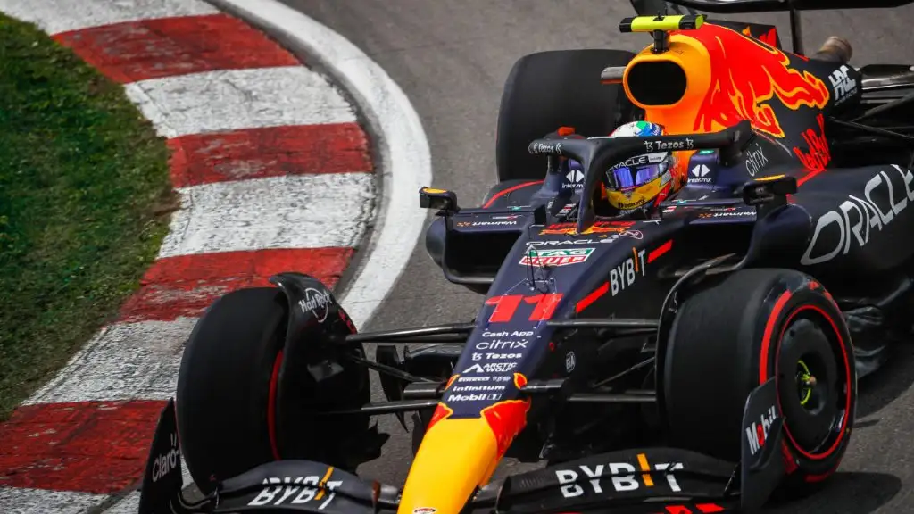 Red Bull driver Sergio Perez laps the Circuit Gilles Villeneuve. Canada June 2022
