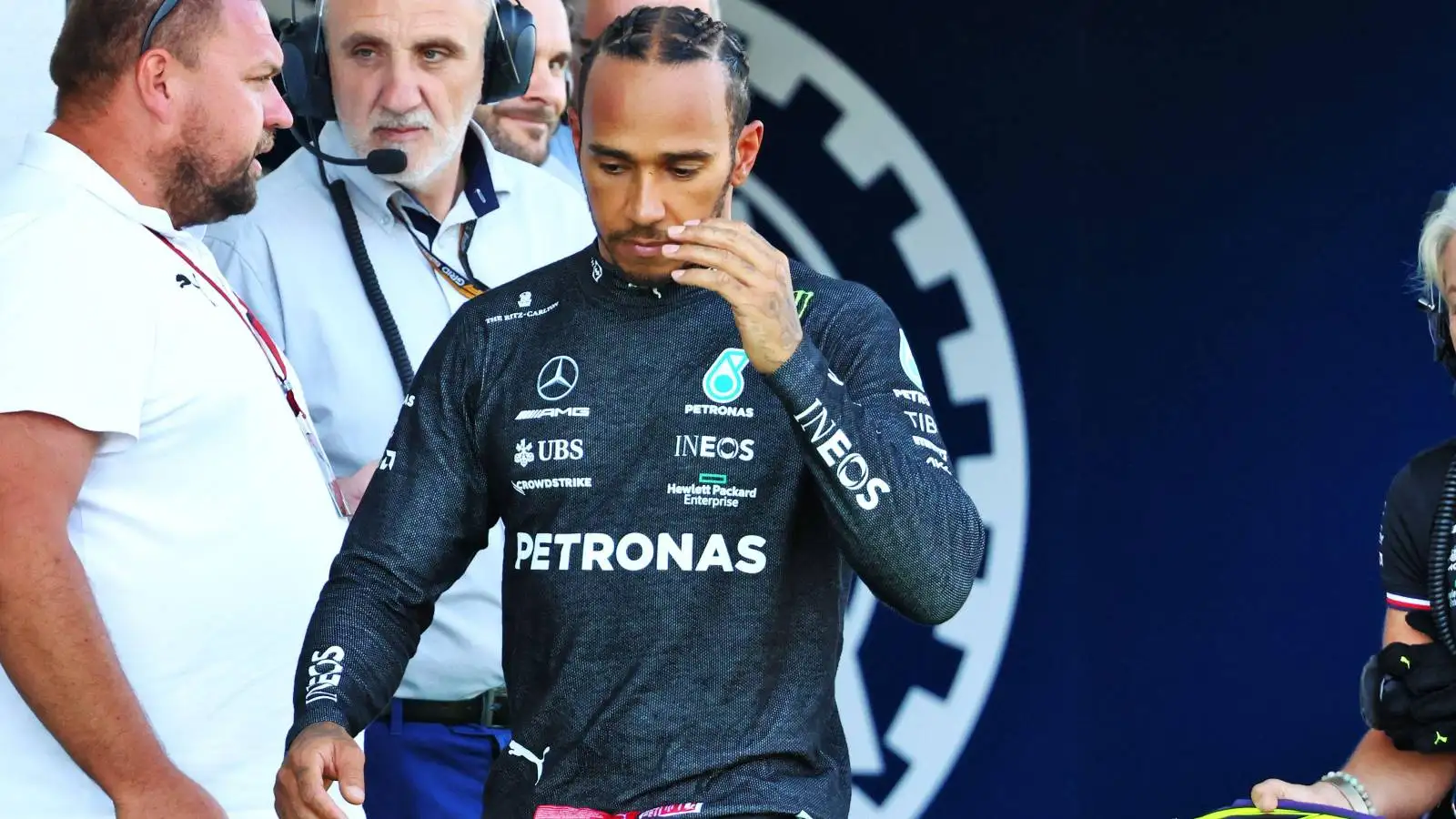 Lewis Hamilton, Mercedes, looks disappointed. Austria, July 2022.