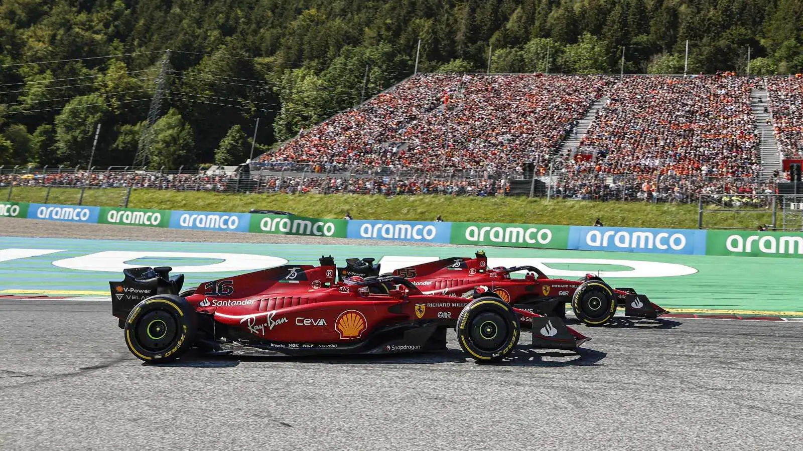 Ferrari drivers Carlos Sainz and Charles Leclerc battle. Austria, July 2022.