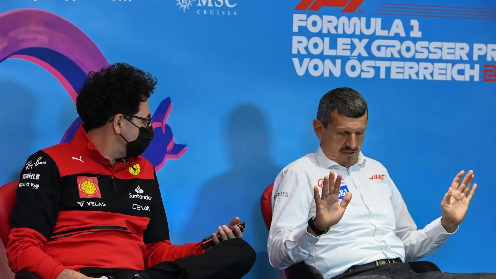 Guenther Steiner makes a point to Mattia Binotto. Red Bull Ring July 2022.
