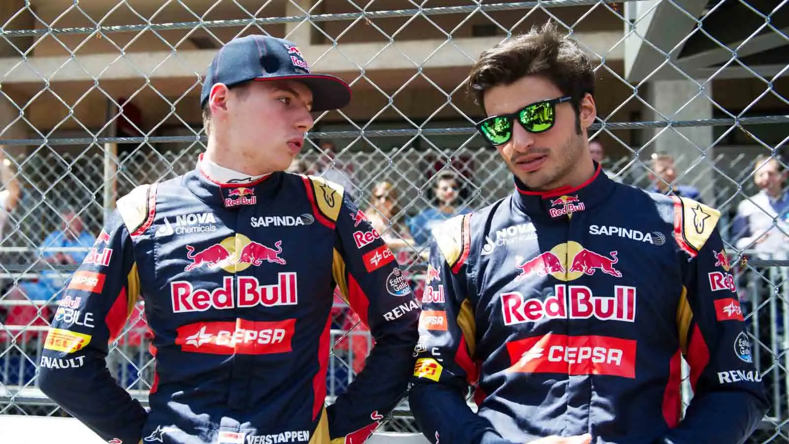 Toro Rosso drivers Max Verstappen and Carlos Sainz on the grid at the 2015 Monaco Grand Prix.