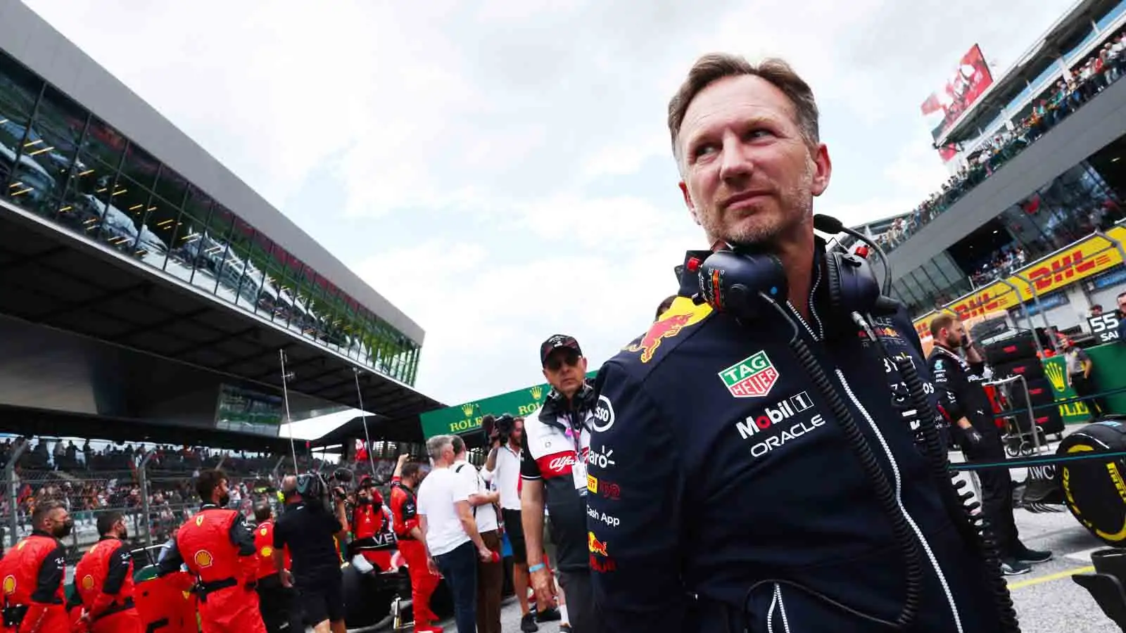 Christian Horner, Red Bull, surveys the grid. Austria July 2022.