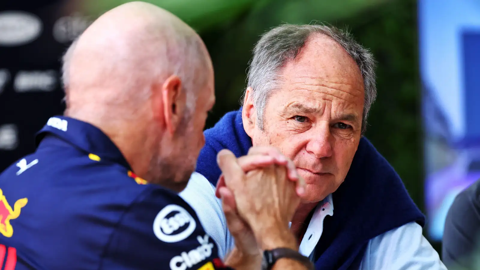 Gerhard Berger sits with Red Bull's Adrian Newey. Jeddah, March 2022. Lewis Hamilton