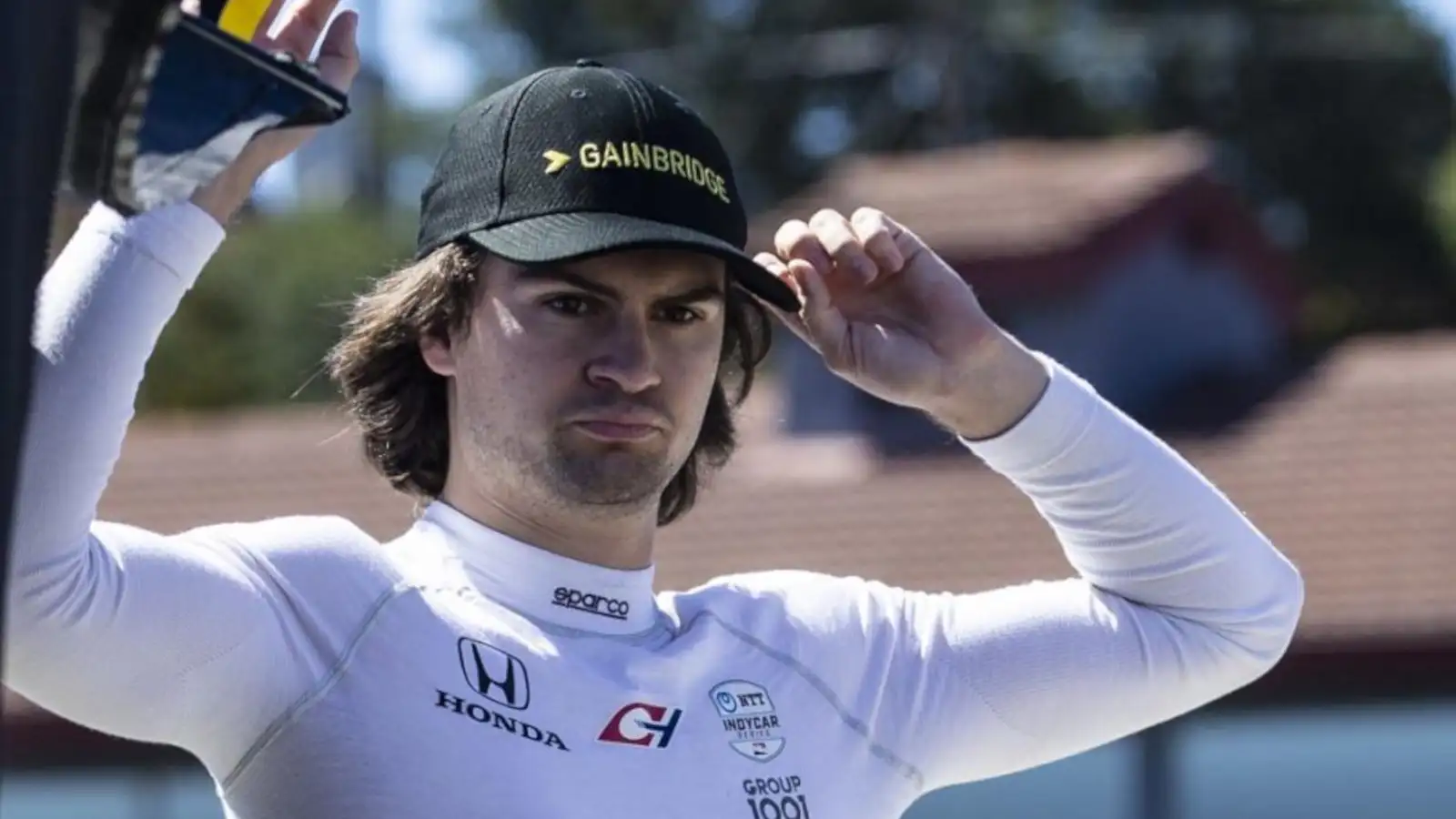 IndyCar driver Colton Herta looking serious in the pits at Laguna Seca. California September 2021.