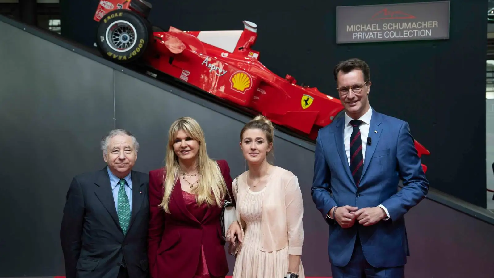 Jean Todt, Corinna and Gina Schumacher and North Rhine-Westphalia prime minister Hendrik Wuest. Cologne July 2022.