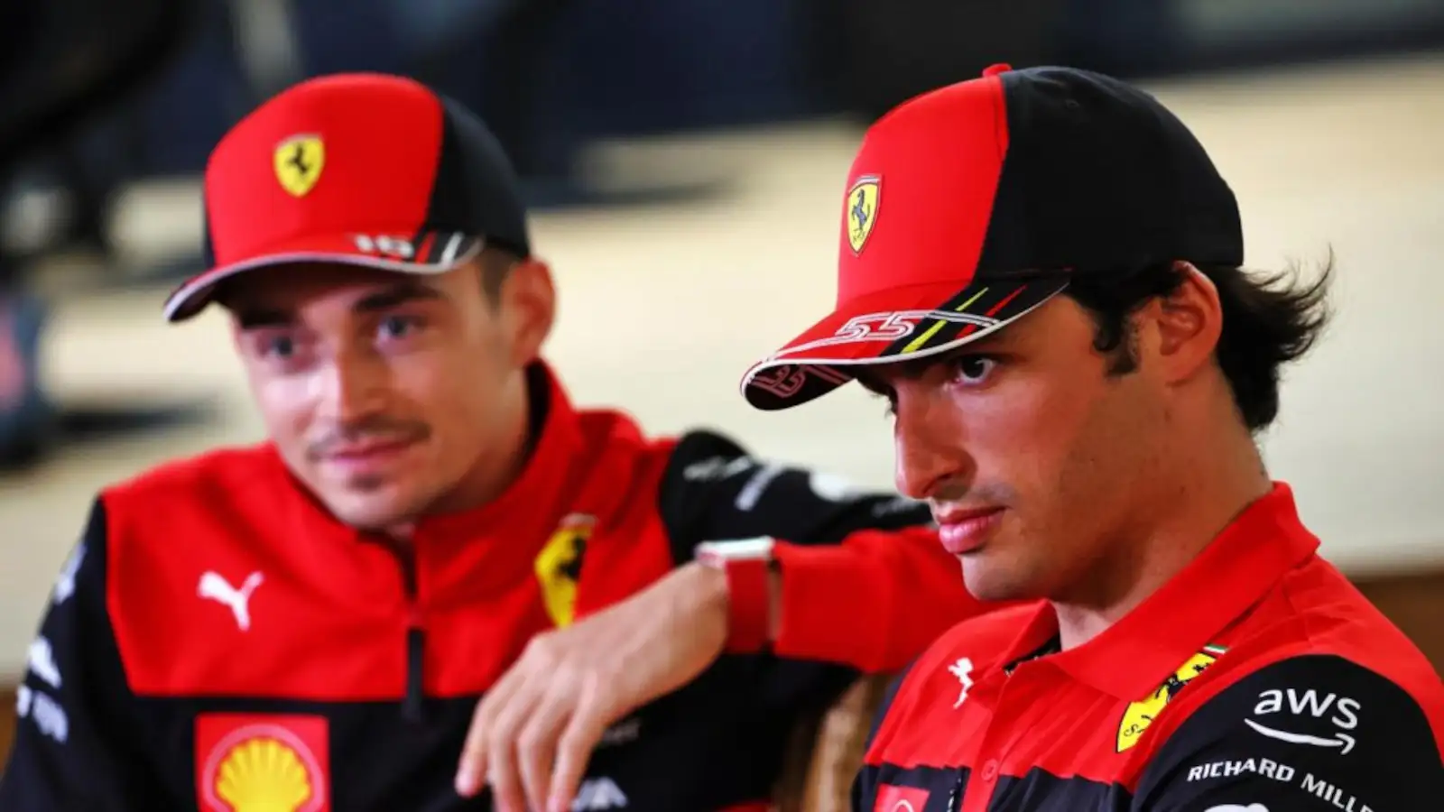 Carlos Sainz looking serious during an interview with Charles Leclerc. Jeddah March 2022