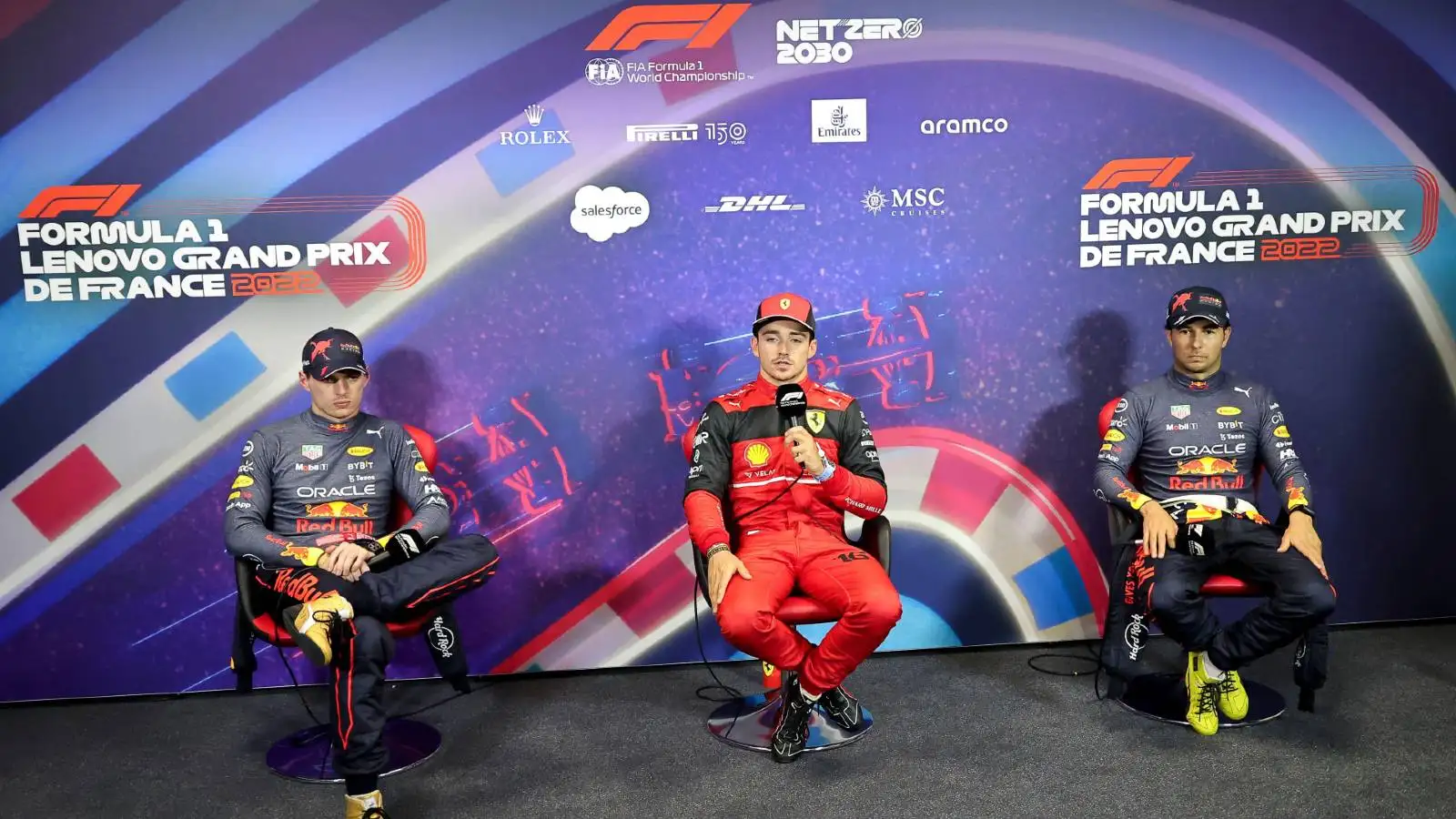 Charles Leclerc, Max Verstappen and Sergio Perez at the French GP qualifying press conference. Paul Ricard July 2022.