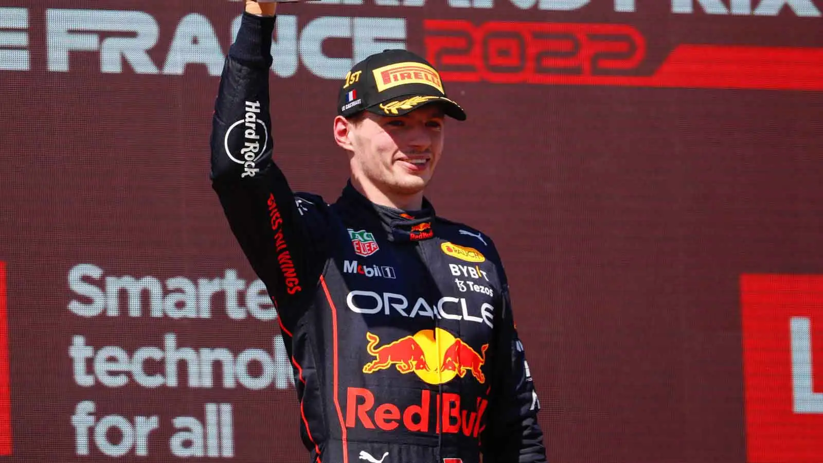 Max Verstappen with the P1 trophy aloft. Paul Ricard July 2022.