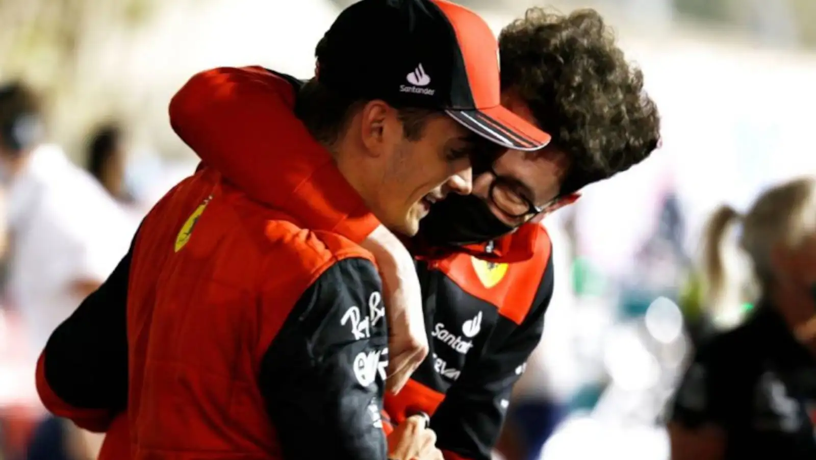 Ferrari team principal Mattia Binotto hugs Charles Leclerc after his victory in Bahrain. Sakhir March 2022.