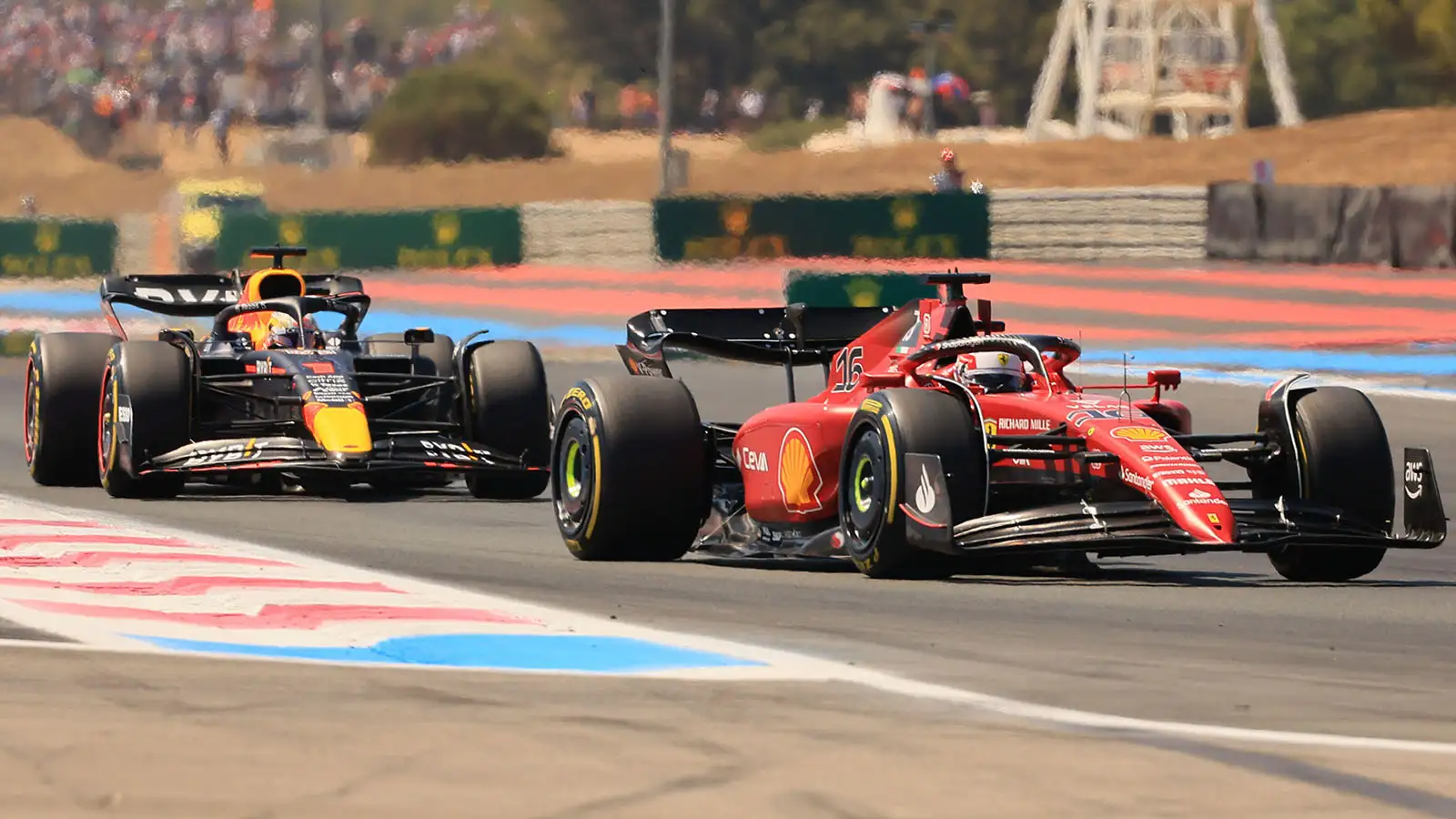 Ferrari driver Charles Leclerc leads Max Verstappen at the French Grand Prix. Le Castellet July 2022