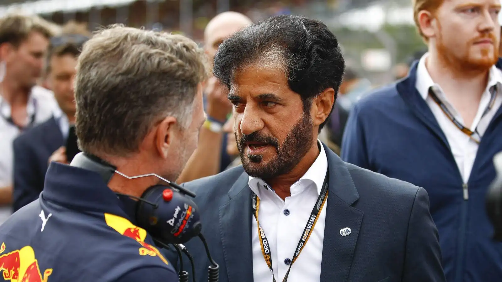 Christian Horner talking to FIA president Mohammed ben Sulayem. Silverstone July 2022.