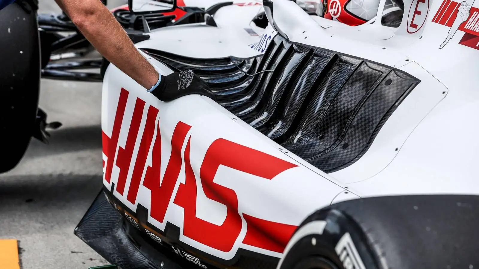 A close-up of the side of the Haas VF-22. Hungary, July 2022.