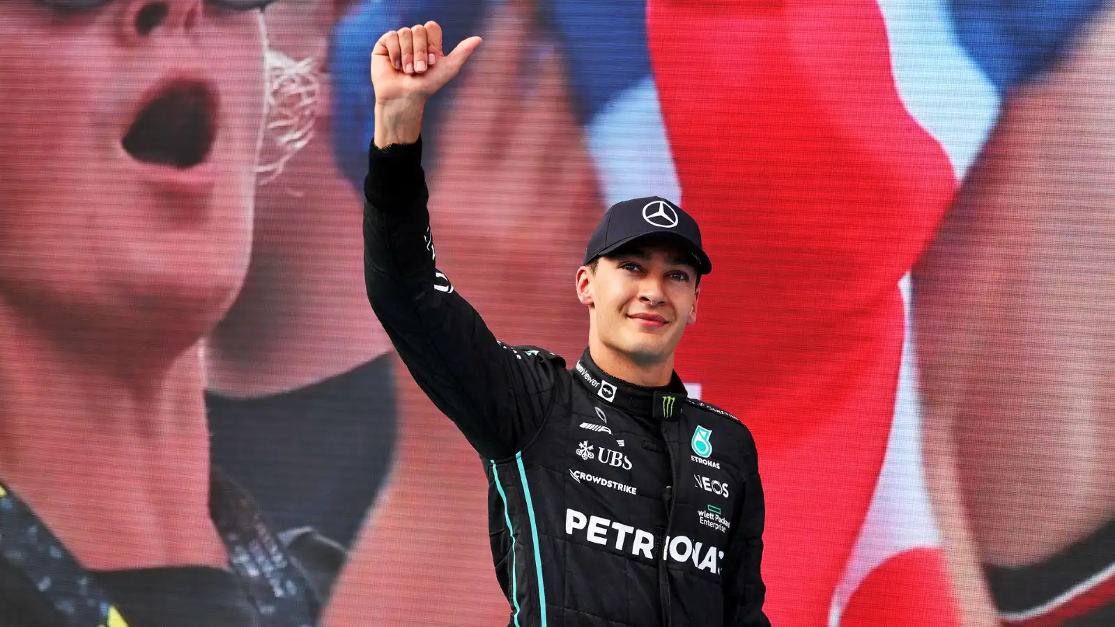 Mercedes' George Russell celebrates pole position at the Hungarian Grand Prix. Budapest, July 2022.