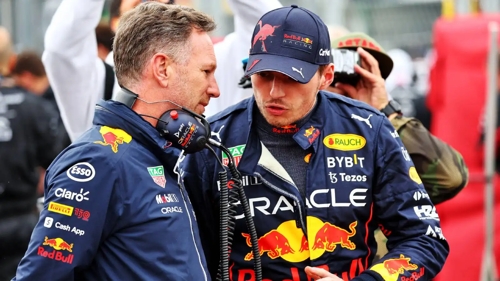 Red Bull team principal Christian Horner and Max Verstappen before the Hungarian GP. Hungaroring July 2022.