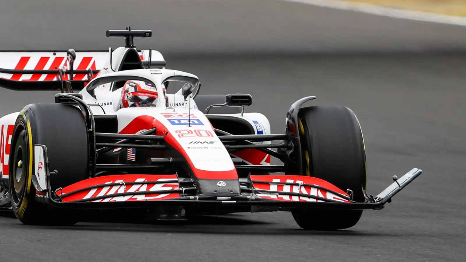 Kevin Magnussen's Haas with a broken front wing. Hungary July 2022