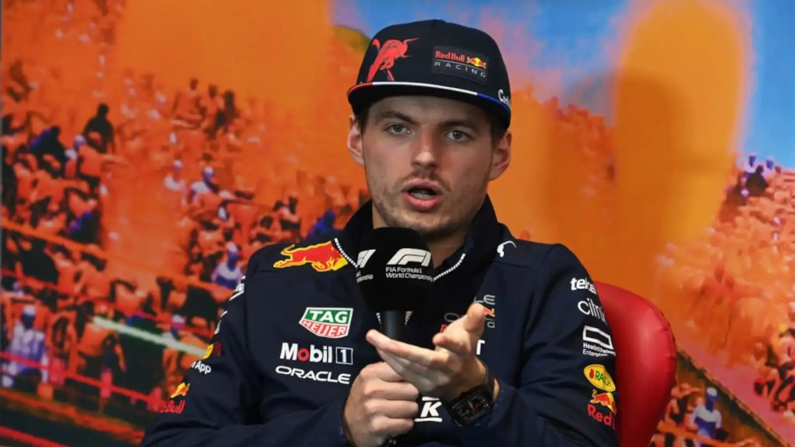 Max Verstappen gestures while speaking during a press conference. Miami May 2022