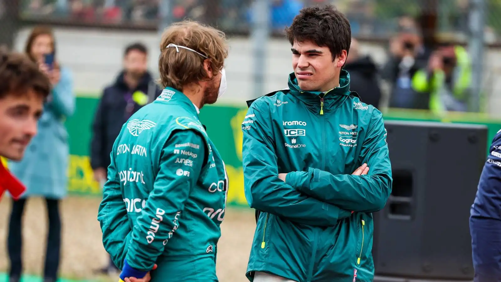 Lance Stroll stares at Sebastian Vettel on the grid. Imola April 2022.