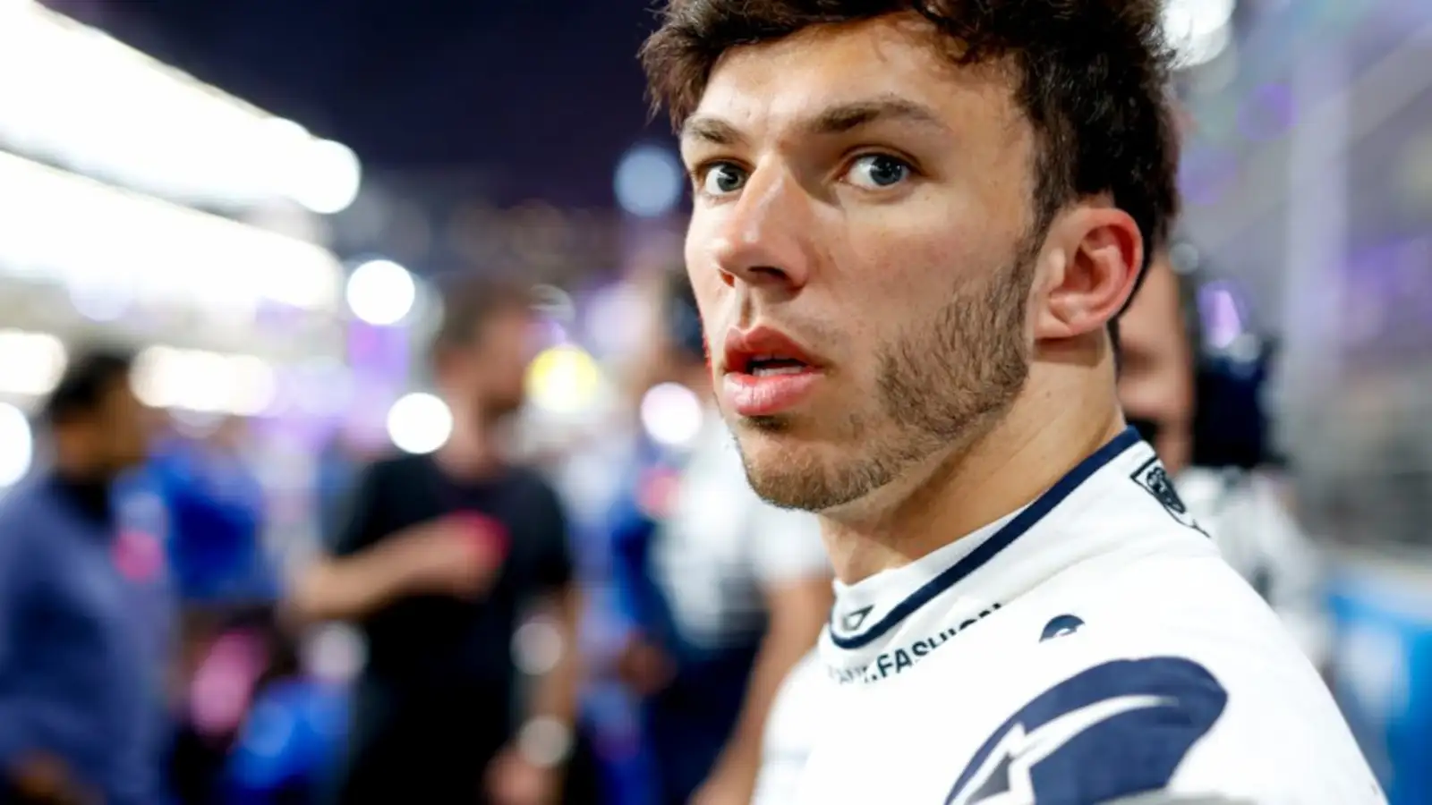 Pierre Gasly wide eyed on the grid. Saudi Arabia March 2022