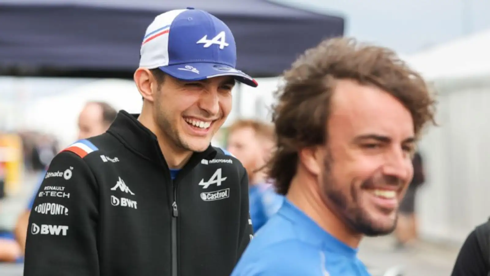 Esteban Ocon laughing with Fernando Alonso. Canada June 2022