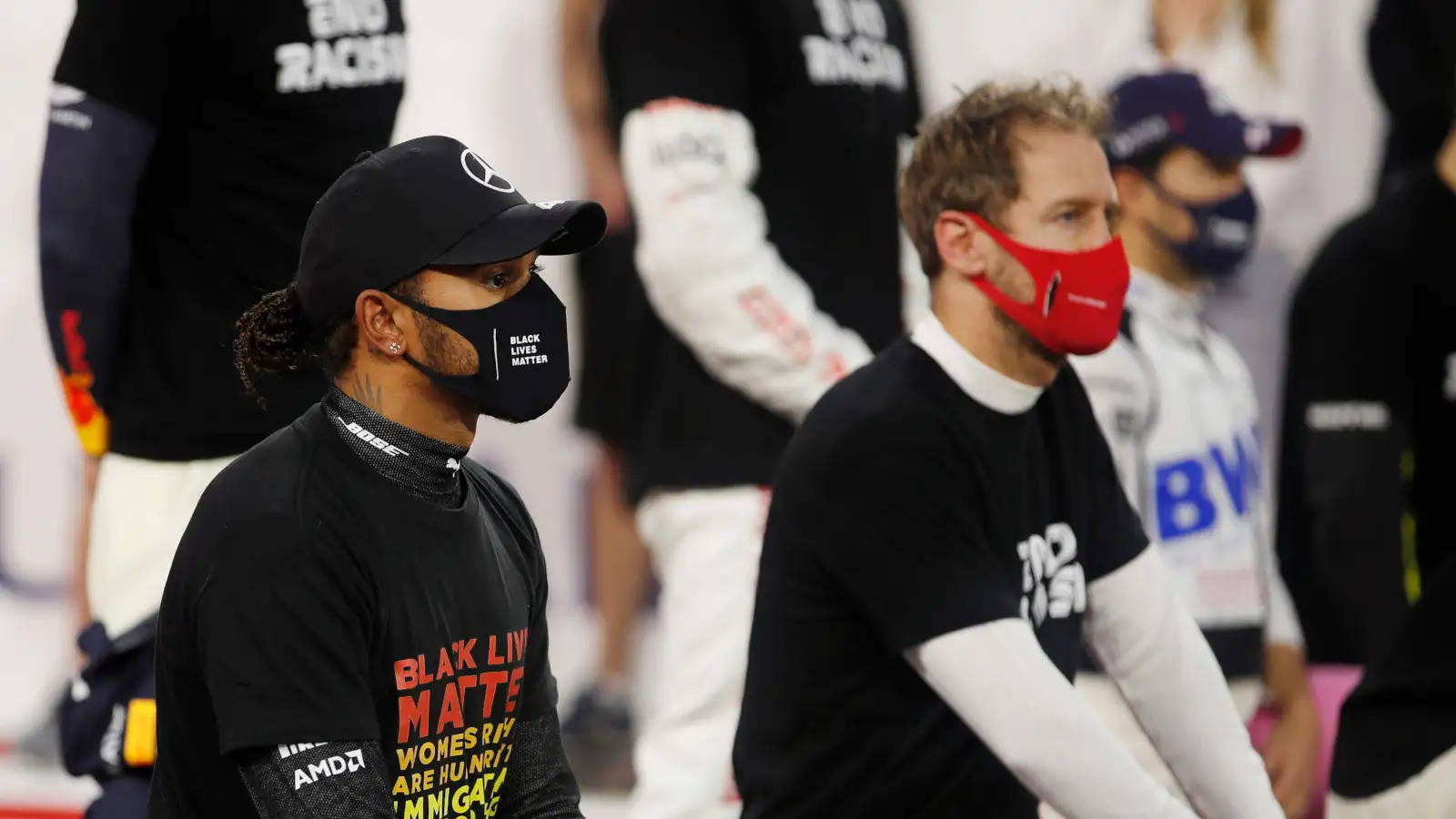 Lewis Hamilton and Sebastian Vettel take a knee. Bahrain November 2020