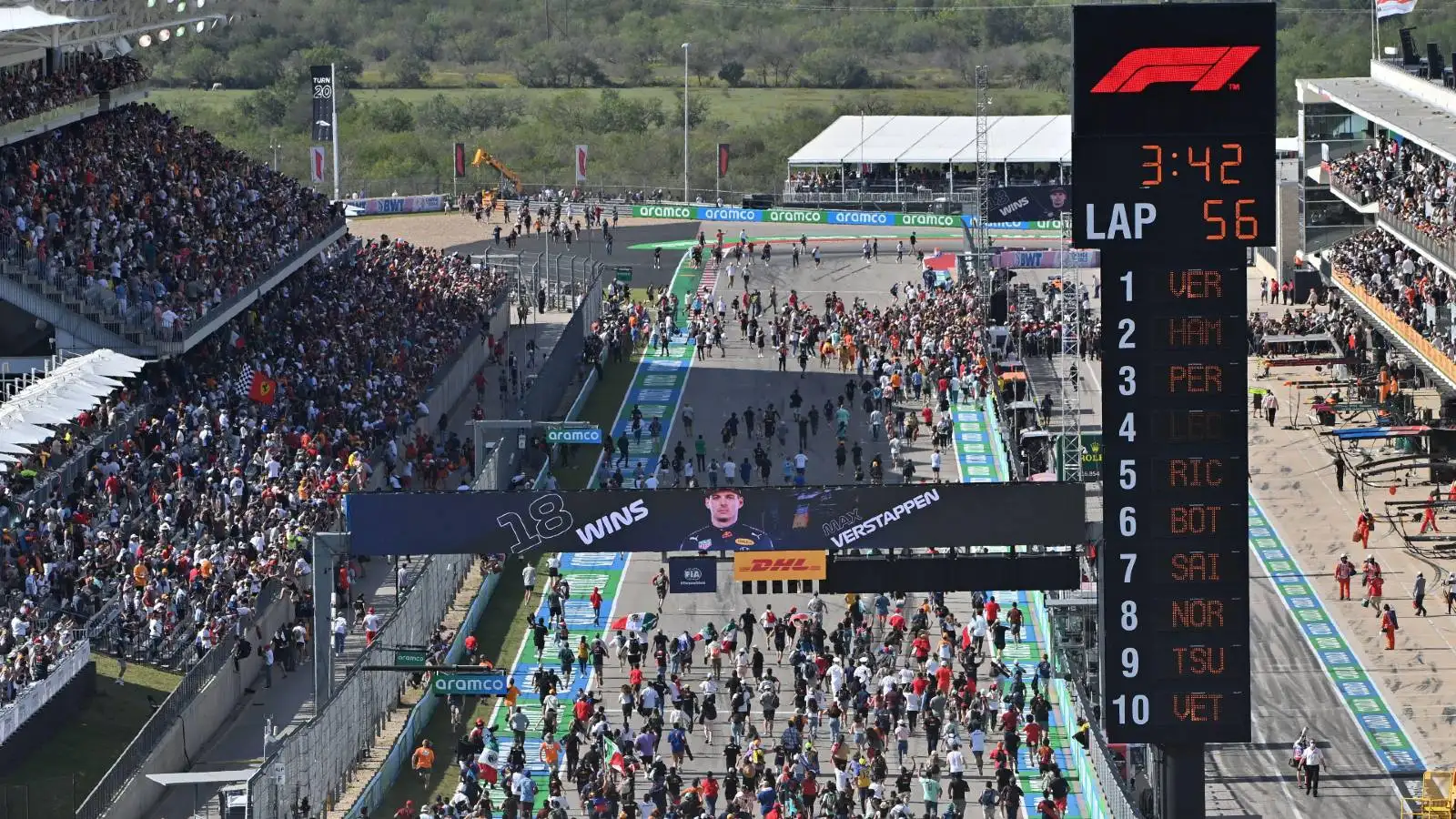 Fans invade the track after the US GP. Austin October 2021.