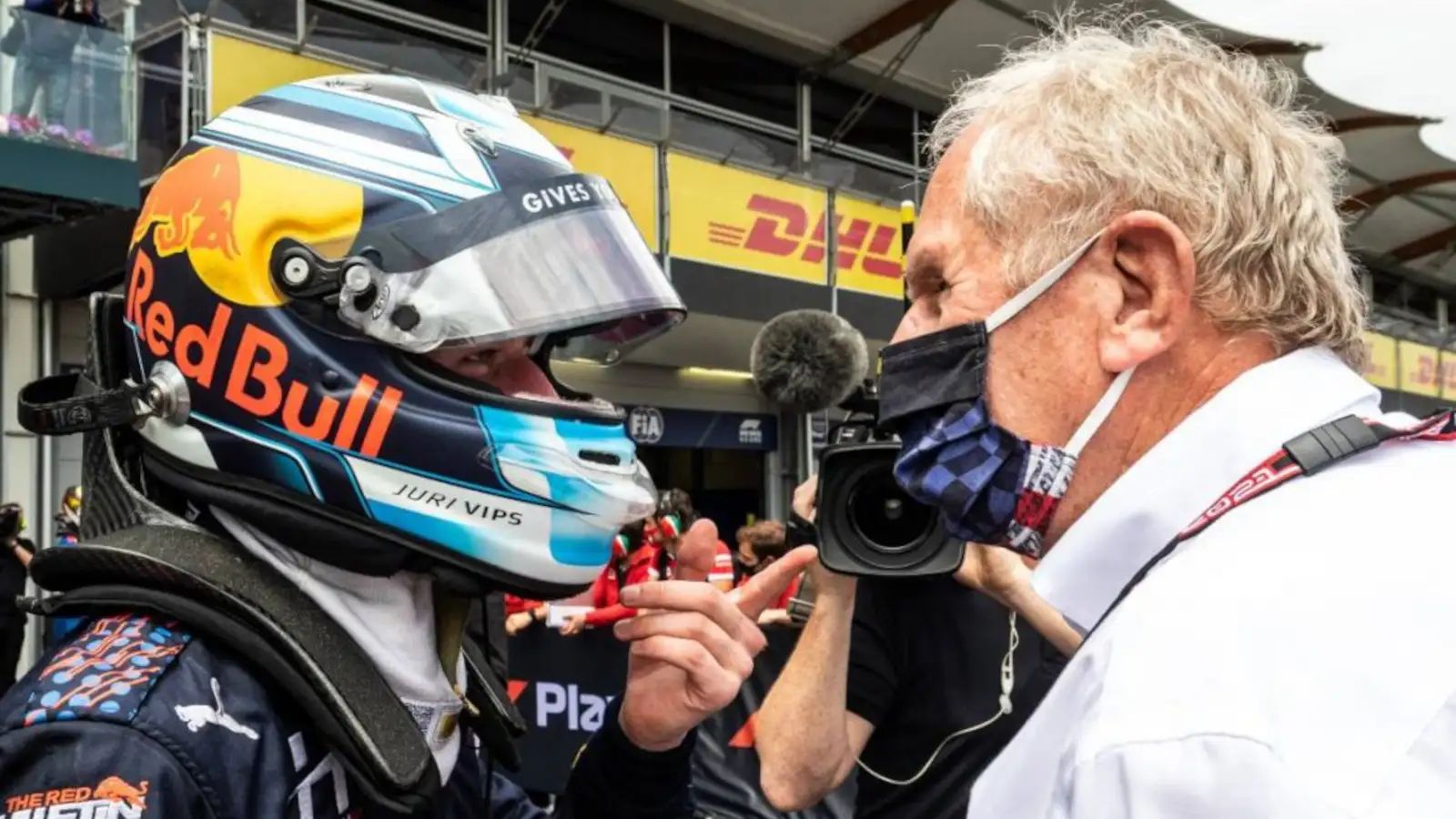 Helmut Marko and Juri Vips with the cameraman behind them. Baku June 2021