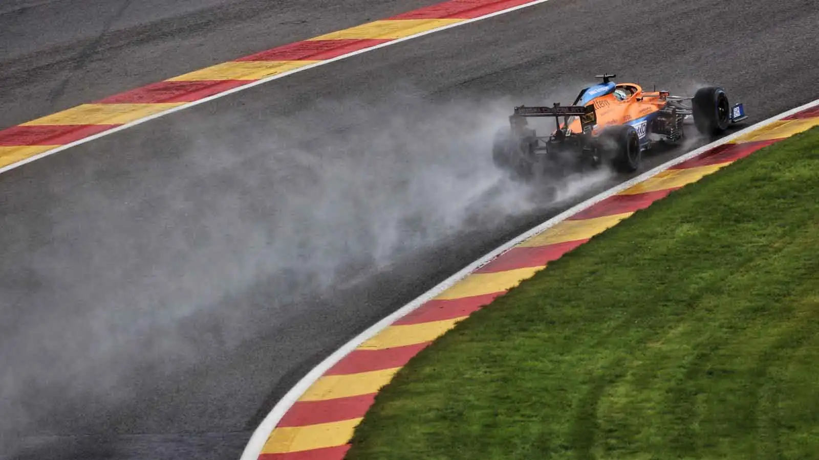 Daniel Ricciardo drives up Eau Rouge. Belgian Grand Prix Spa-Francorchamps July 2021.