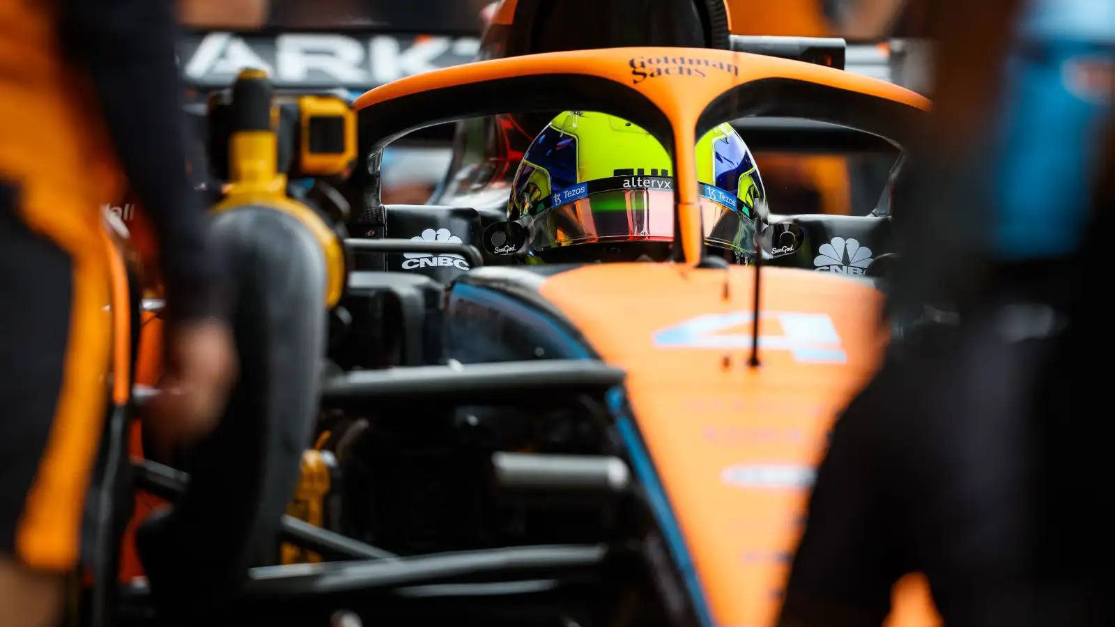 Lando Norris up close in a pit stop practice. Belgium August 2022