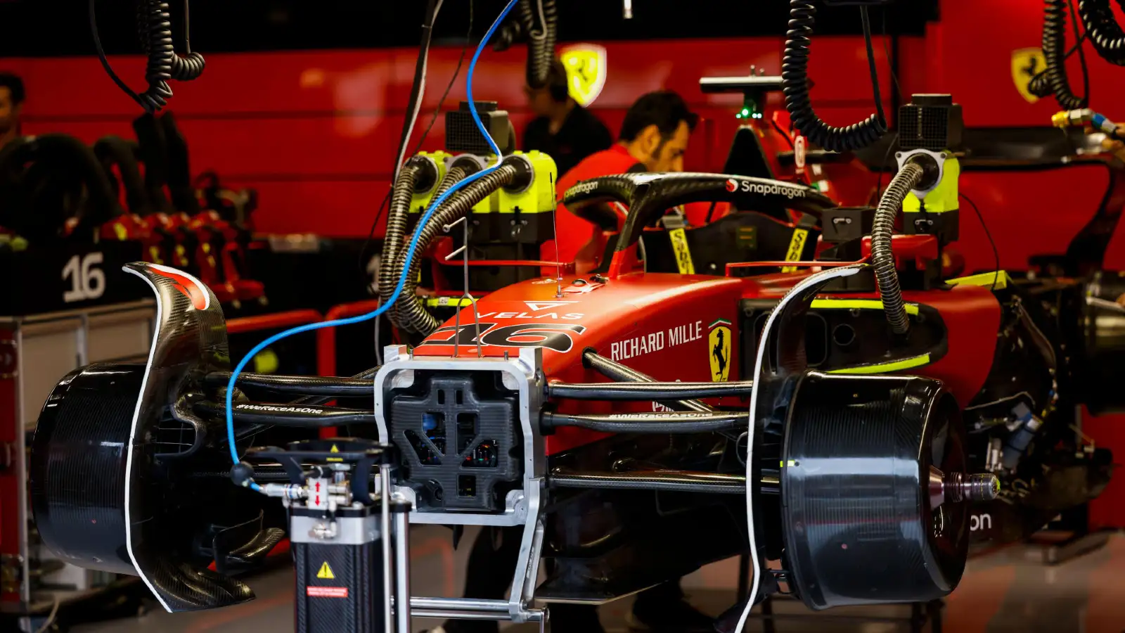 Ferrari's Charles Leclerc's car in pieces in the garage. Spa-Francorchamps, August 2022.