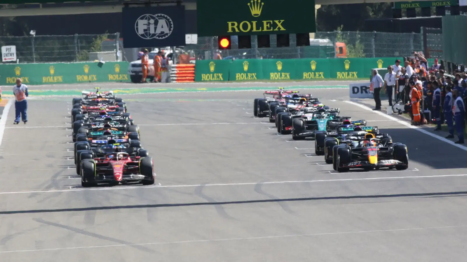 The starting grid with Carlos Sainz and Sergio Perez on the front row. Belgium August 2022