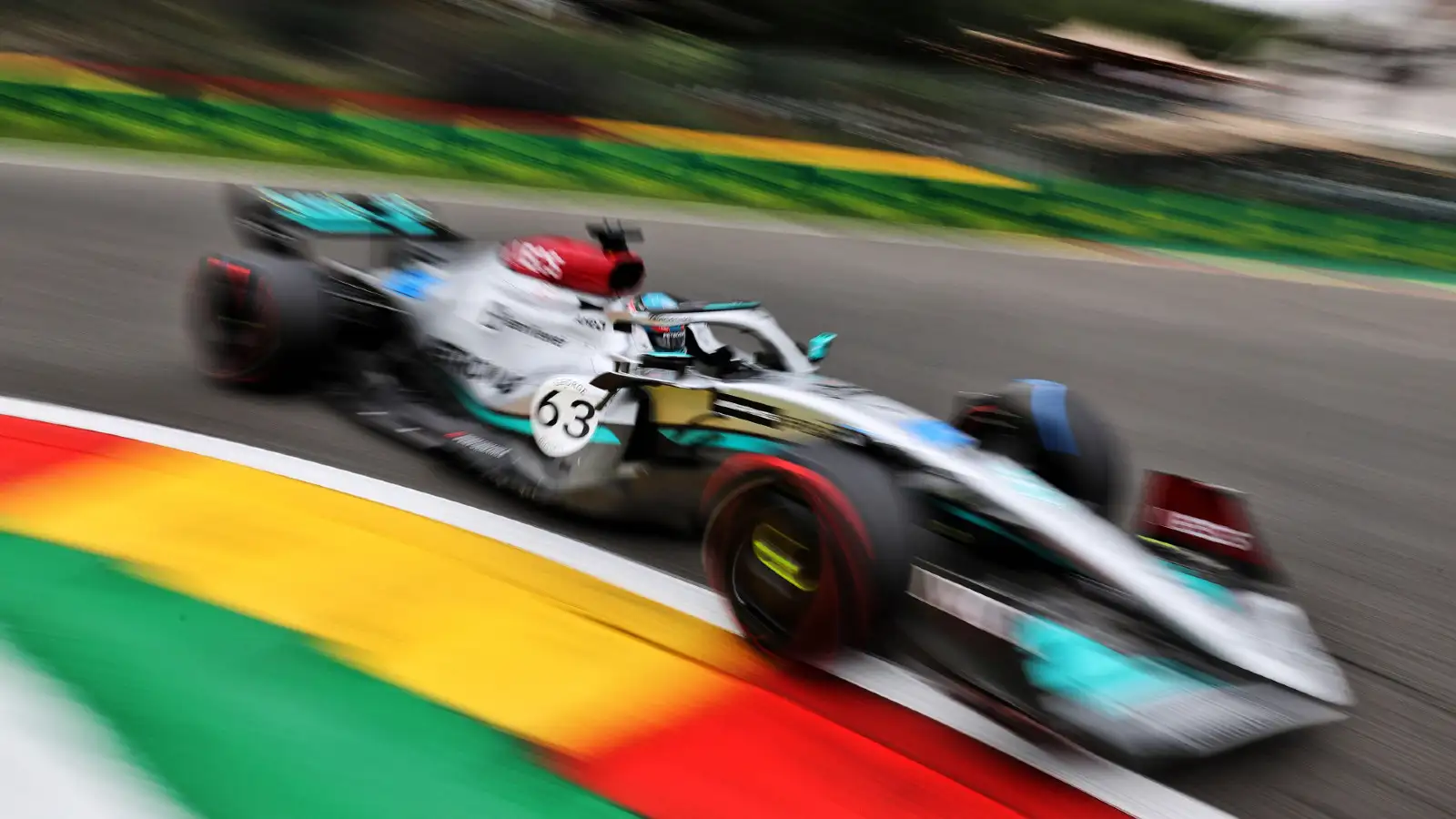 Mercedes' George Russell at the Belgian Grand Prix. Spa-Francorchamps, August 2022.