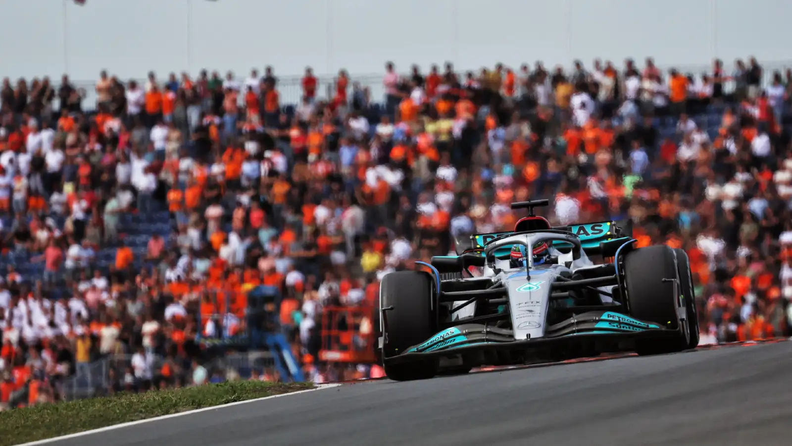 Mercedes' George Russell on track during first practice for the Dutch Grand Prix. Zandvoort, September 2022.