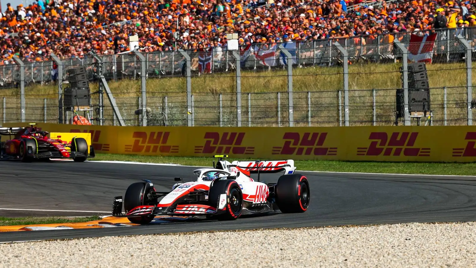 Mick Schumacher's Haas ahead of a Ferrari. Zandvoort September 2022.