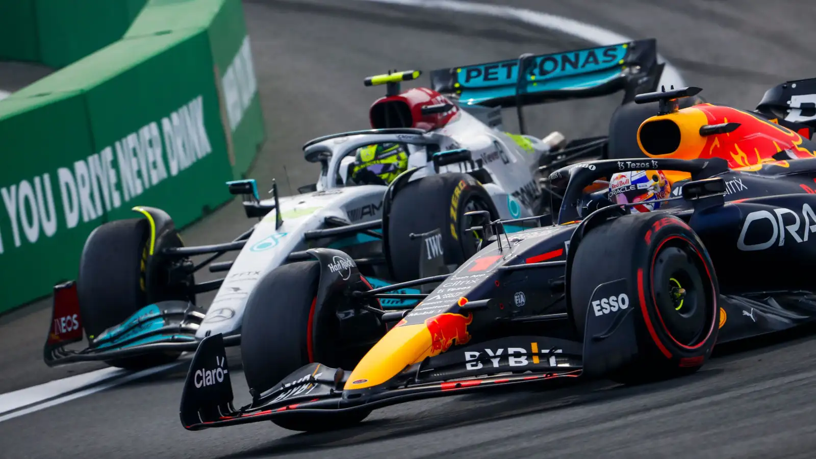 Lewis Hamilton is overtaken by Max Verstappen at the restart. Netherlands September 2022