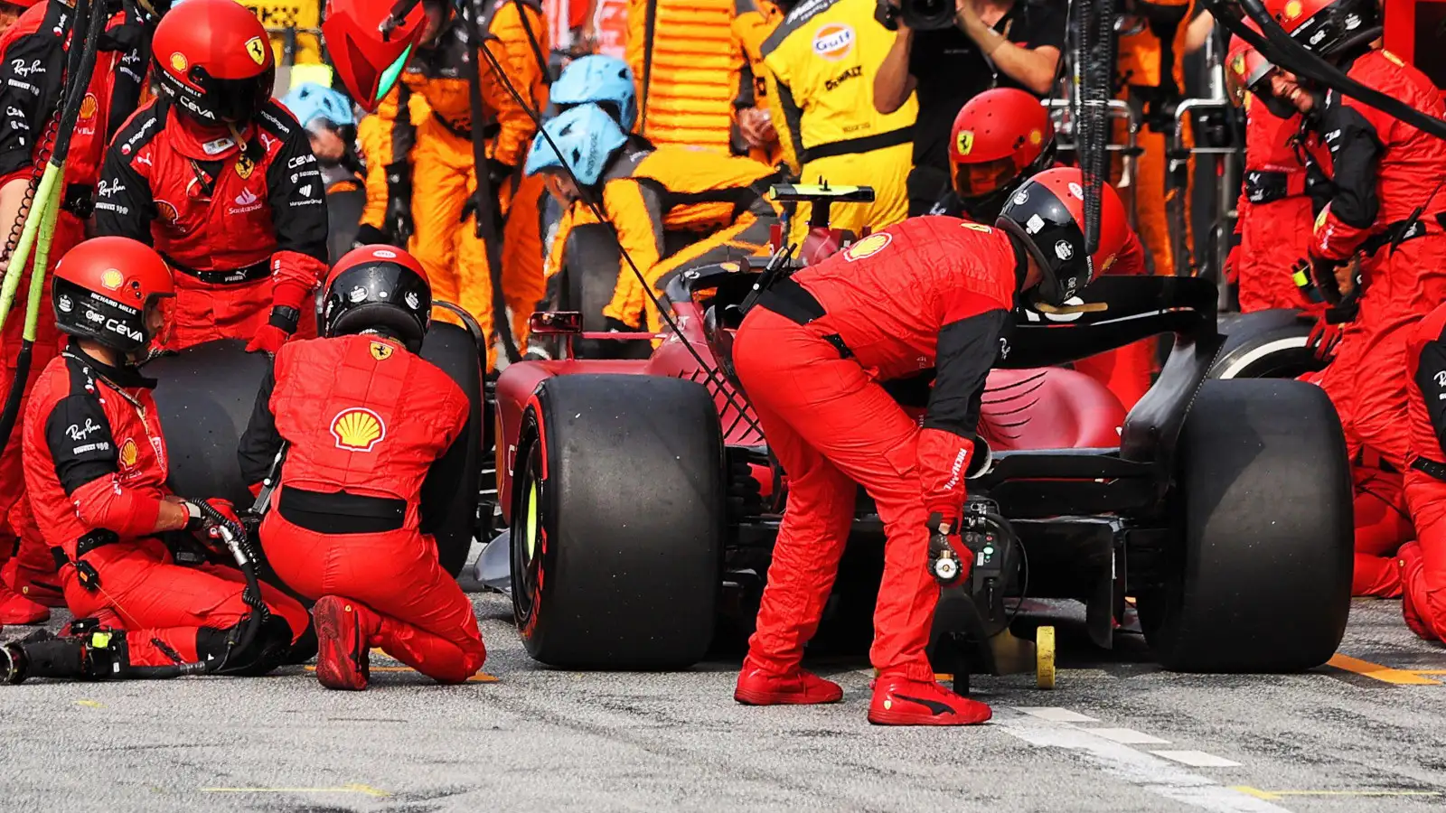 Ferrari driver Carlos Sainz makes a pit stop at Zandvoort. Netherlands September 2022