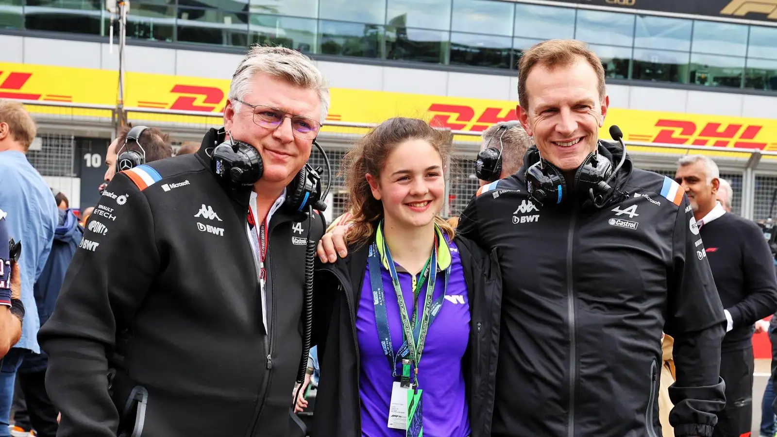Otmar Szafnauer with Abbi Pulling and Laurent Rossi. Silverstone, July 2022.