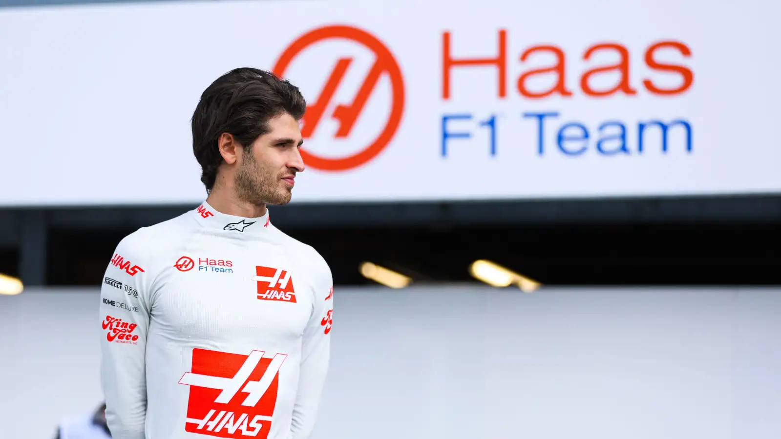 Antonio Giovinazzi in front of the Haas signage. Italy September 2022