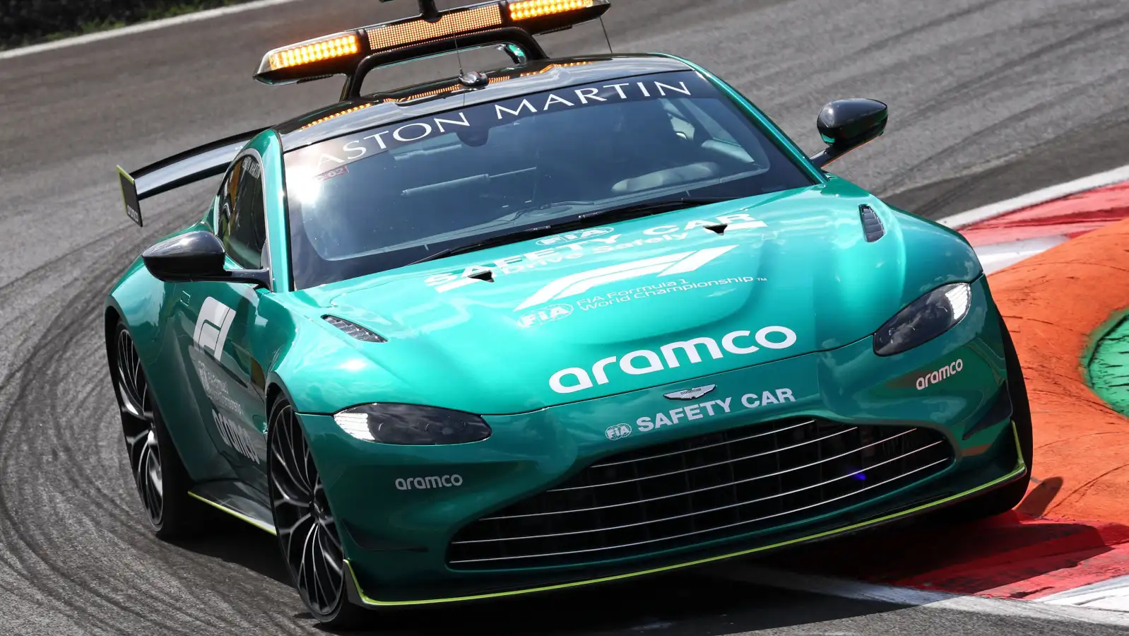 Aston Martin Safety Car on the Monza kerbs. Italy September 2022