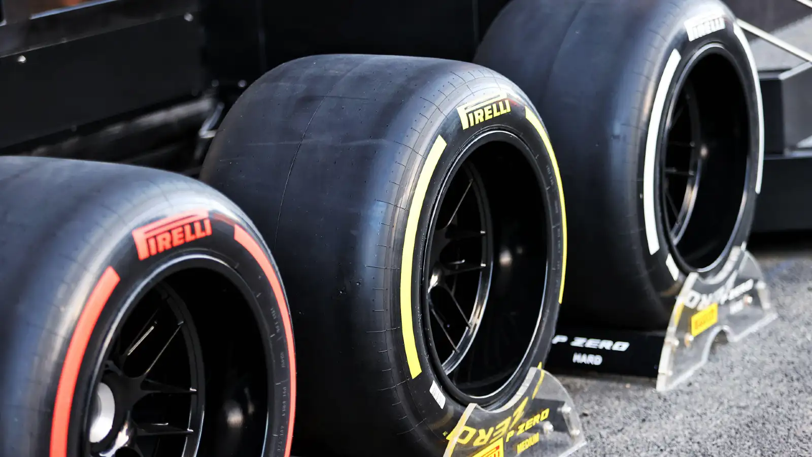 Pirelli tyres lined up at the 2021 Abu Dhabi tyre test. Yas Marina, December 2021.
